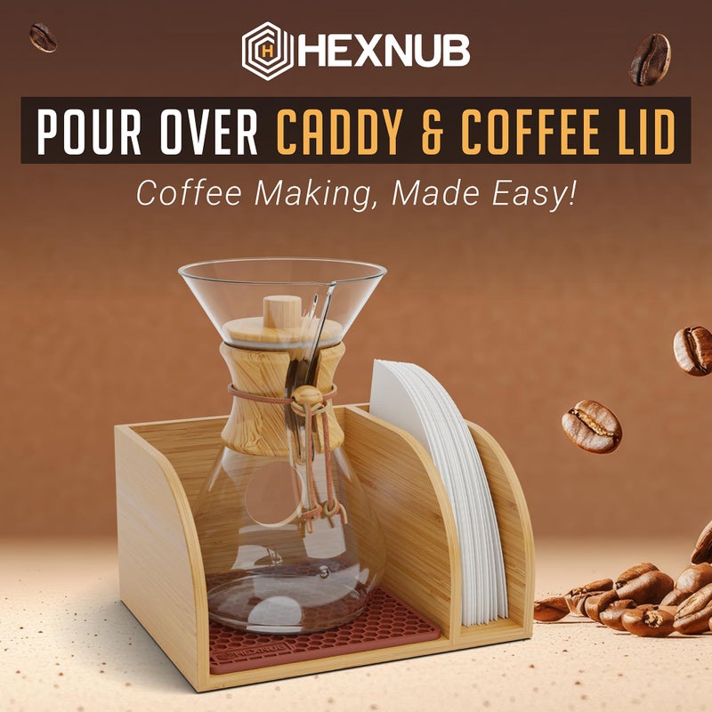 HEXNUB Caddy and Lid for Pour Over Coffee Maker, Bamboo Stand fits Chemex, Bodum, Cosori Carafes, Heatproof Mat, Filter Holder for Drip Coffee Maker - Brown Mat - Image 2